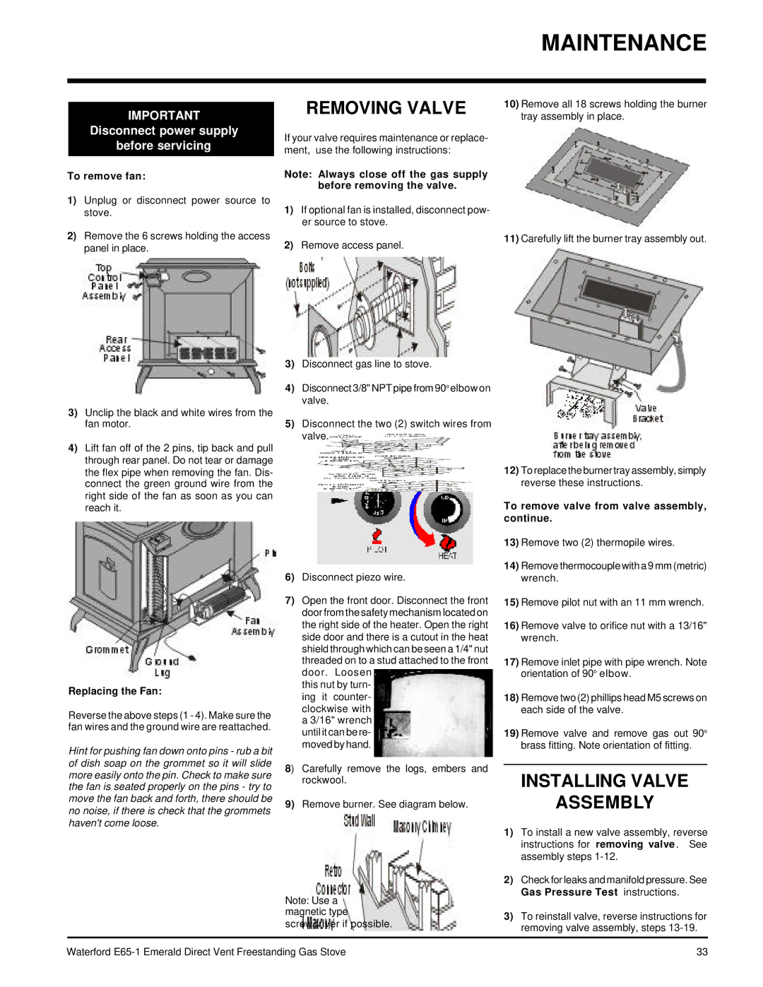 Waterford Appliances E65-LP1, E65-NG1 Removing Valve, Installing Valve Assembly, To remove fan, Replacing the Fan 