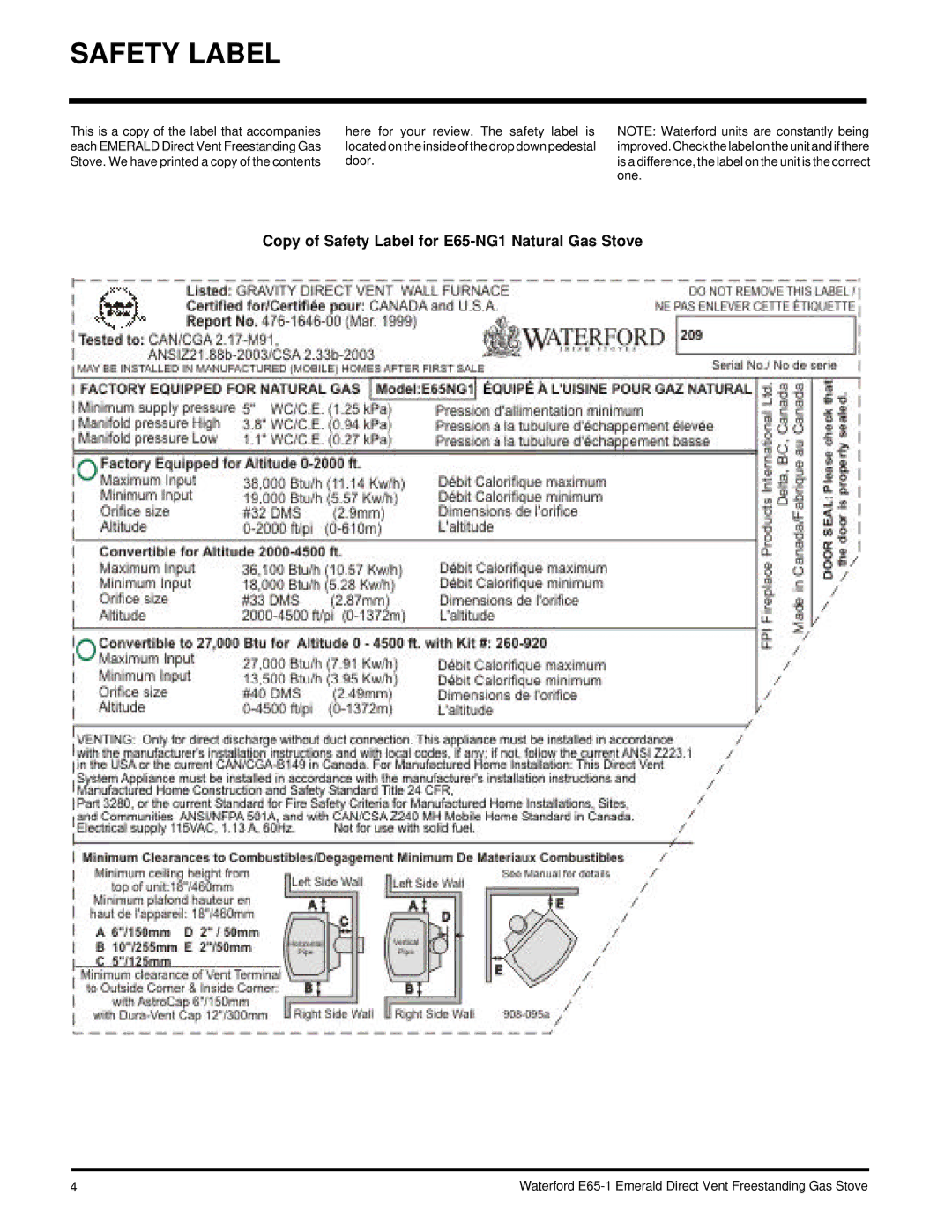 Waterford Appliances E65-LP1 installation manual Copy of Safety Label for E65-NG1 Natural Gas Stove 