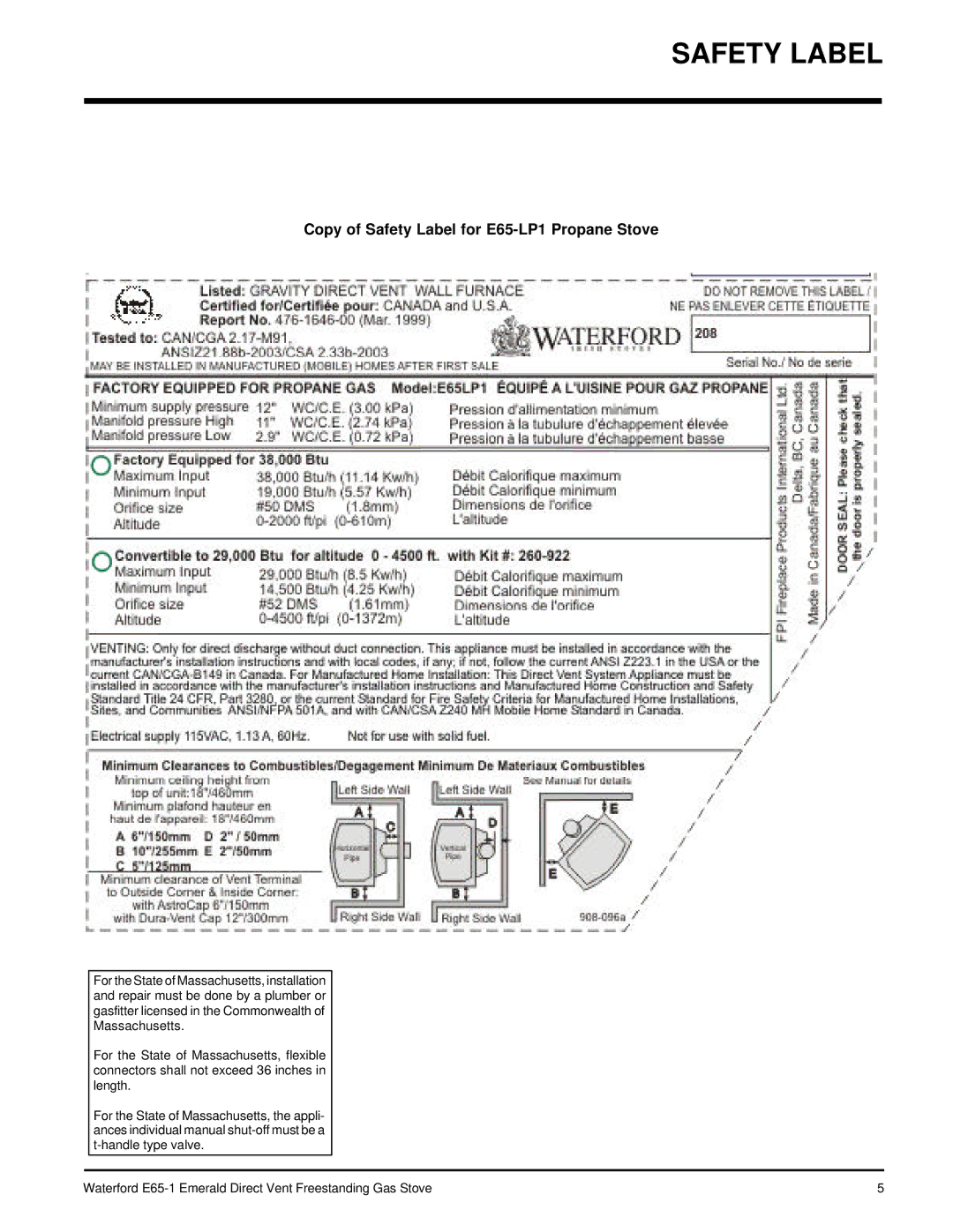 Waterford Appliances E65-NG1 installation manual Copy of Safety Label for E65-LP1 Propane Stove 