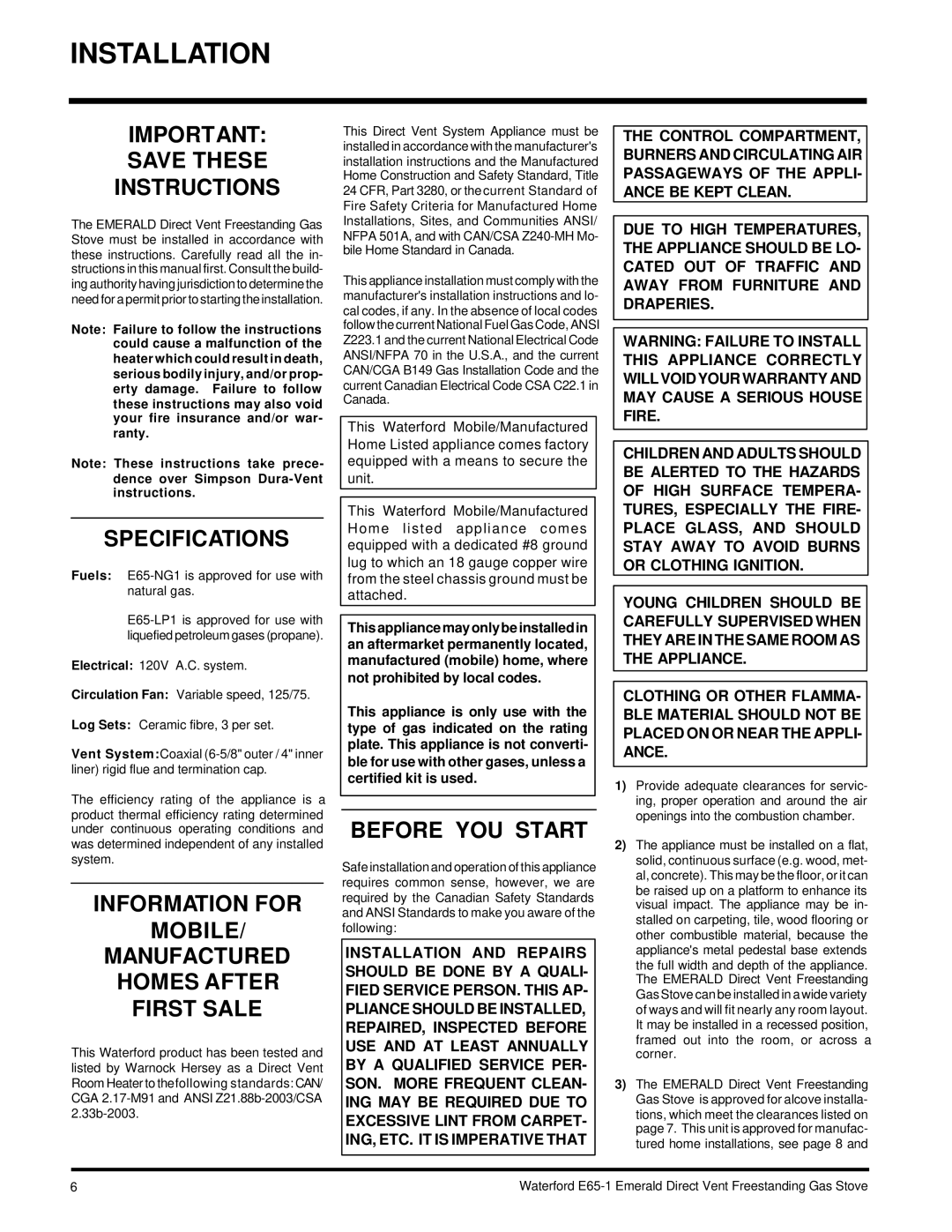 Waterford Appliances E65-NG1, E65-LP1 Installation, Save These Instructions, Specifications, Information for Mobile 