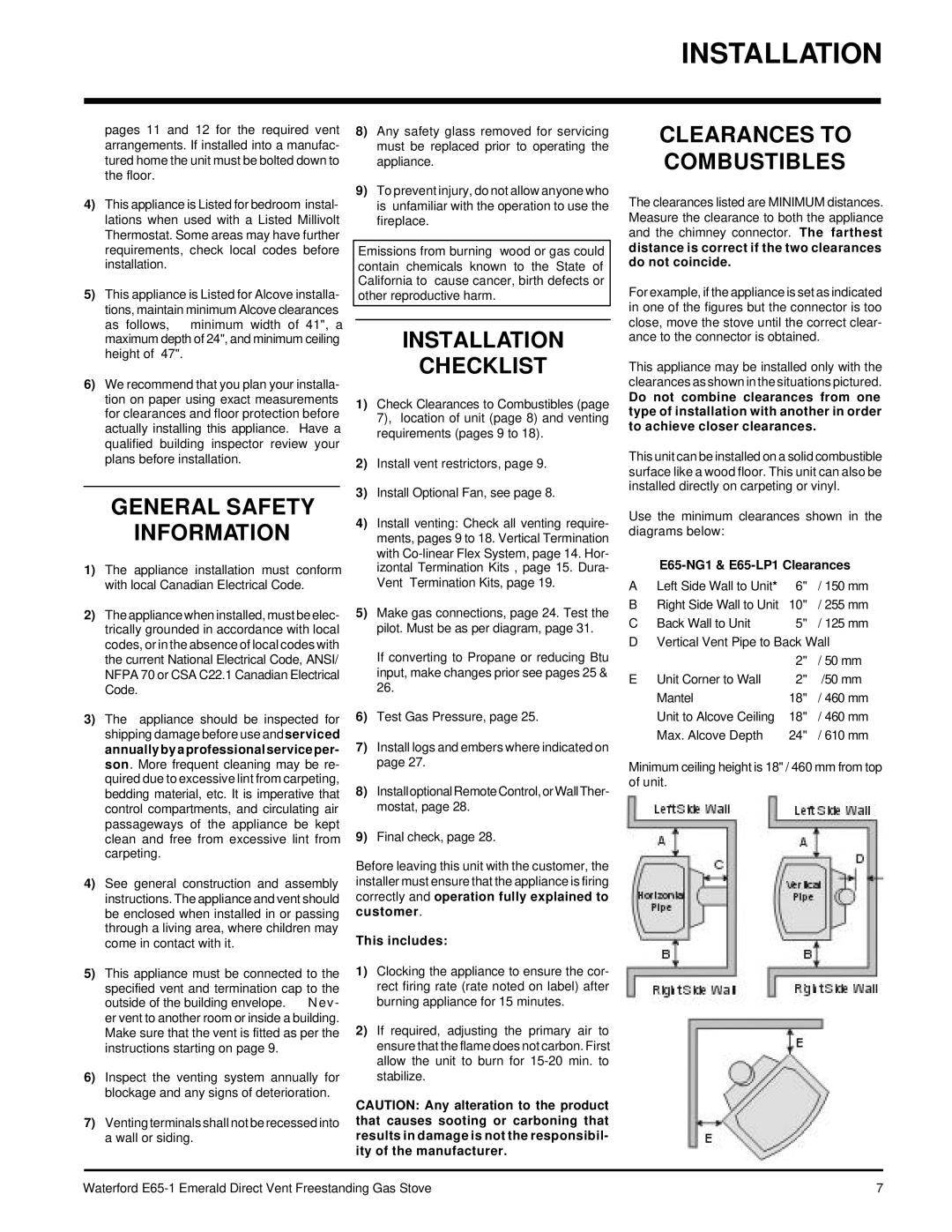 Waterford Appliances E65-LP1, E65-NG1 General Safety Information, Installation Checklist, Clearances to Combustibles 