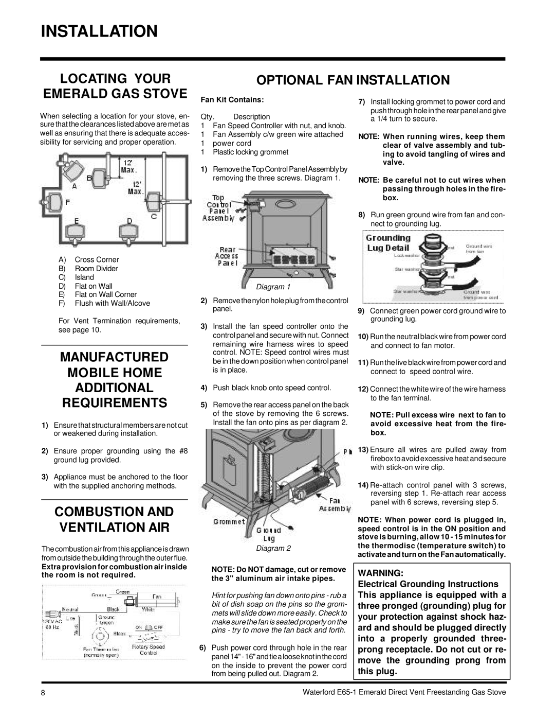 Waterford Appliances E65-NG1 Locating Your Optional FAN Installation Emerald GAS Stove, Combustion and Ventilation AIR 