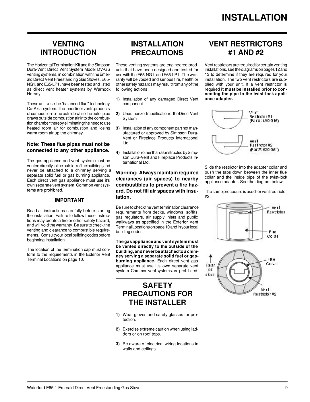 Waterford Appliances E65-LP1 Installation, Introduction Precautions, Safety Precautions for the Installer, Ance adapter 