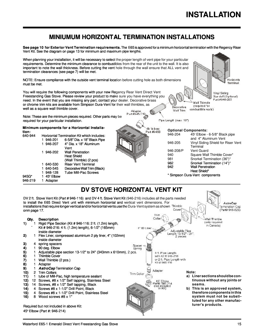 Waterford Appliances E65-LP1 Miniumum Horizontal Termination Installations, Dv Stove Horizontal Vent Kit, Qty. Description 