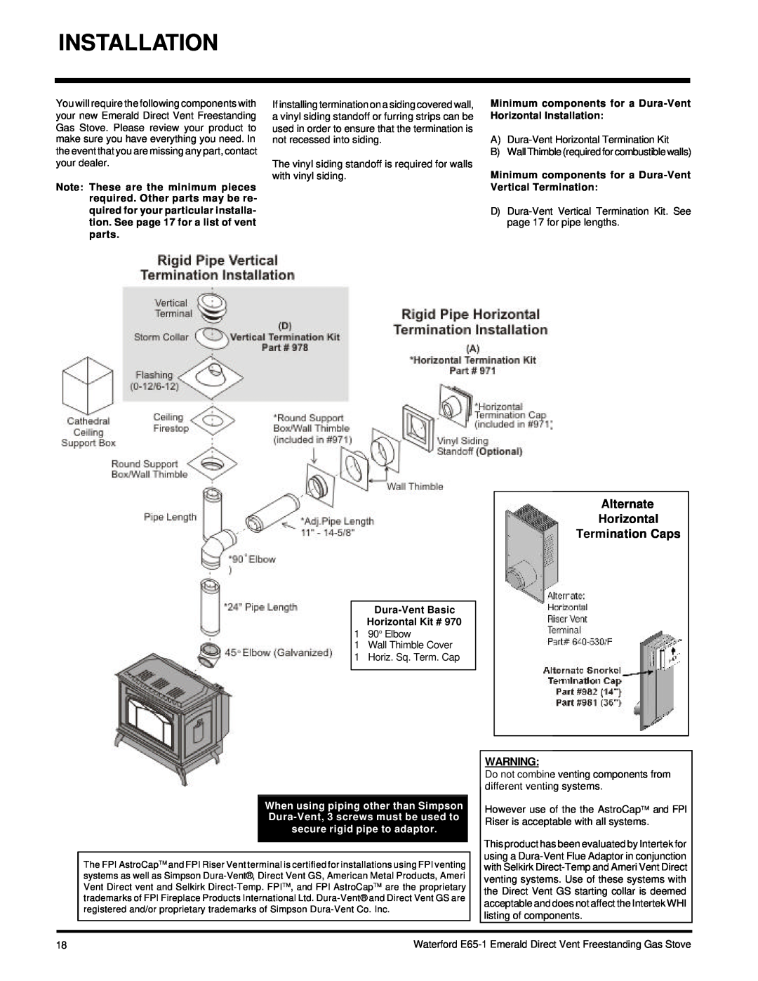 Waterford Appliances E65-NG1, E65-LP1 Alternate Horizontal Termination Caps, Dura-VentBasic Horizontal Kit # 