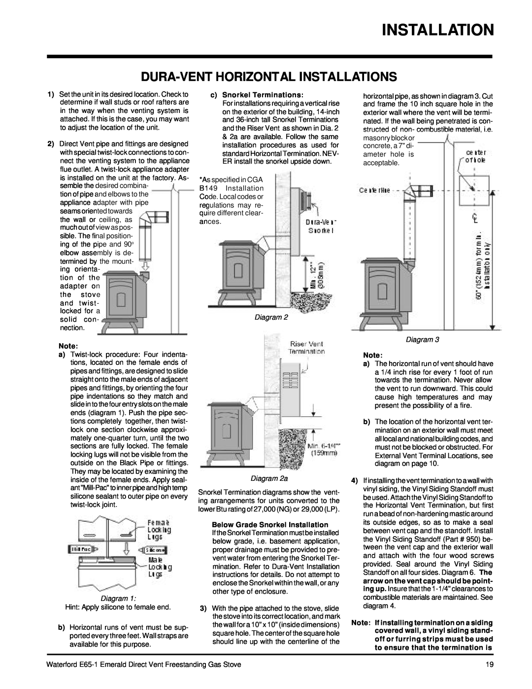 Waterford Appliances E65-LP1, E65-NG1 Dura-Venthorizontal Installations, cSnorkel Terminations, Diagram Diagram 2a 