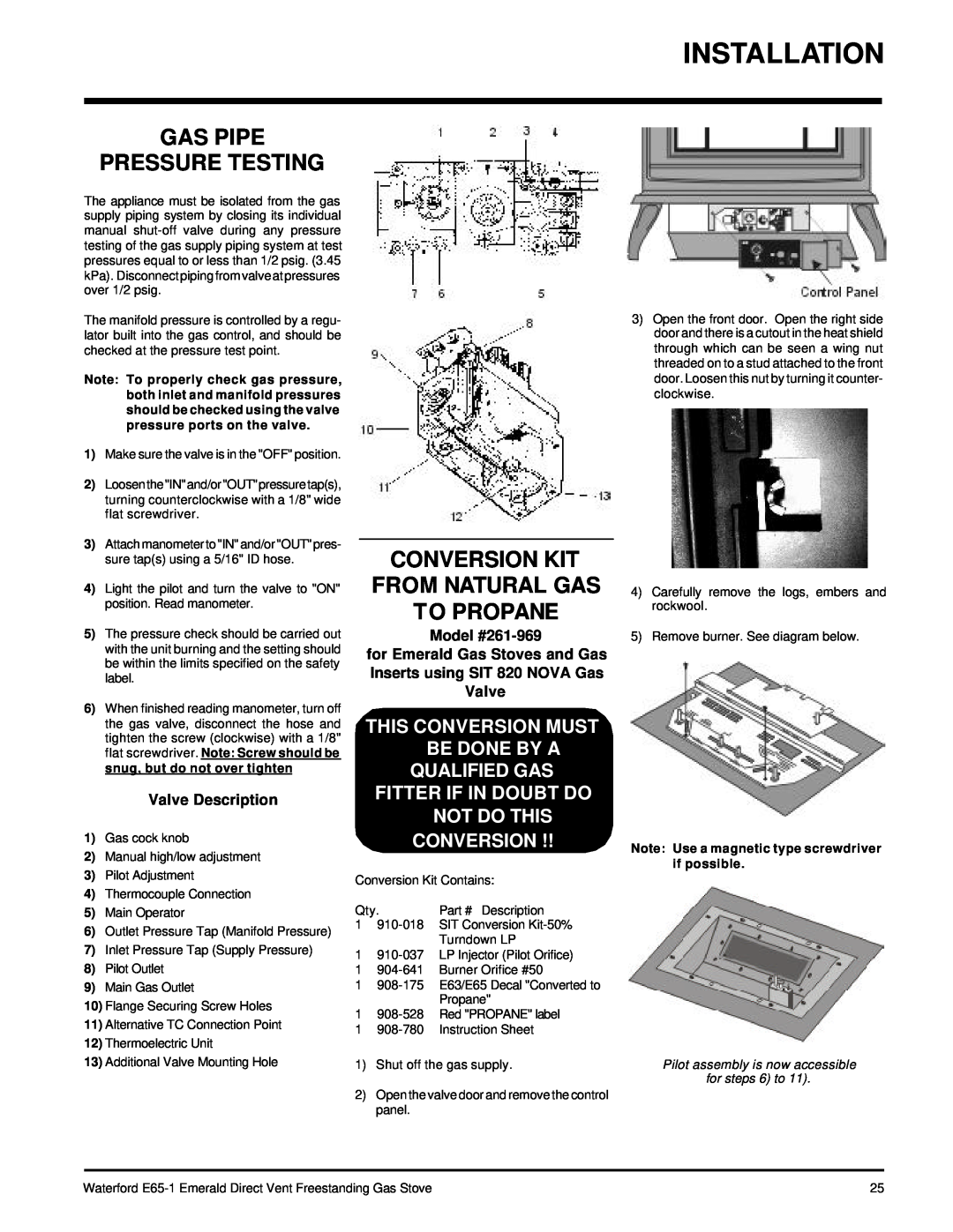 Waterford Appliances E65-LP1 Gas Pipe Pressure Testing, Conversion Kit From Natural Gas To Propane, Valve Description 