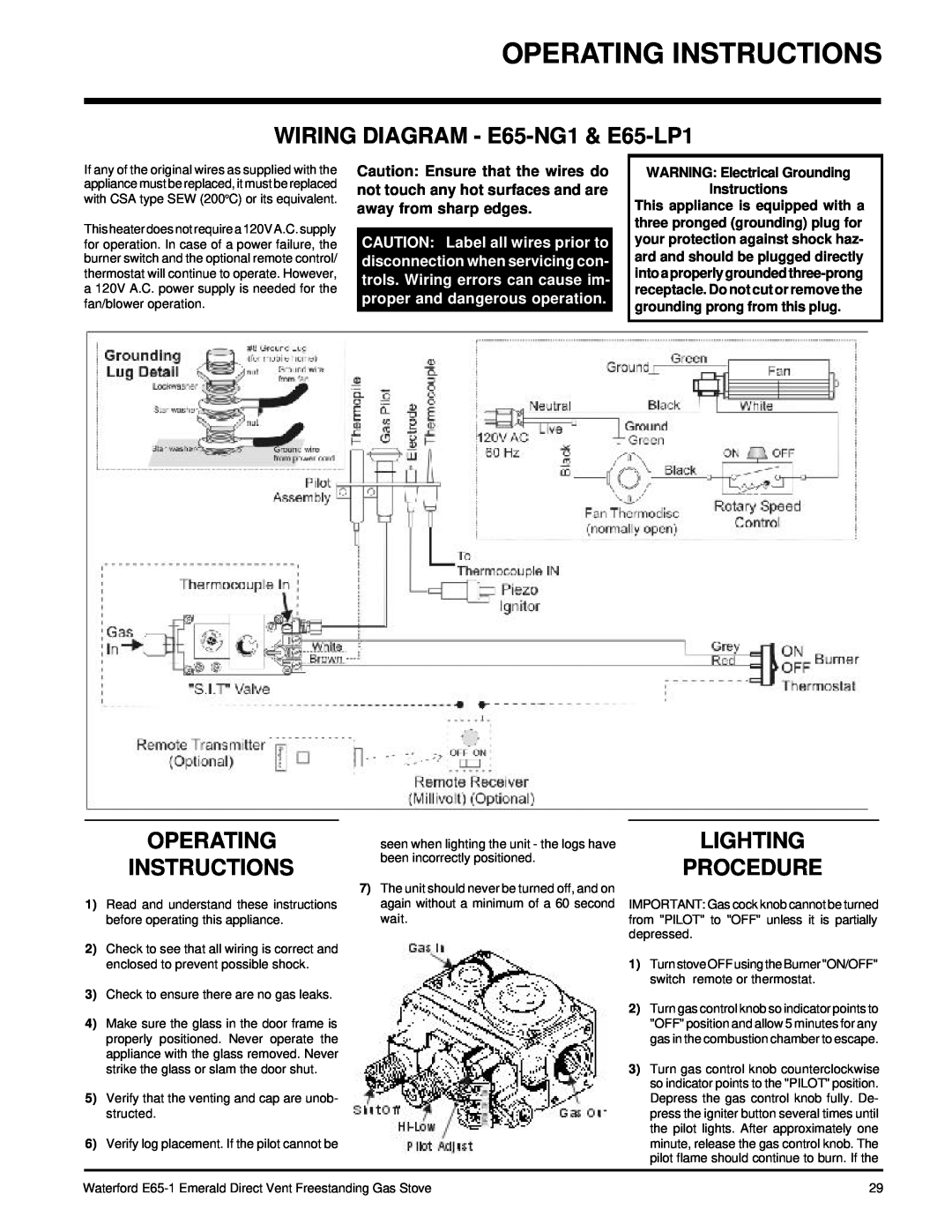 Waterford Appliances installation manual Operating Instructions, WIRING DIAGRAM - E65-NG1& E65-LP1, Lighting Procedure 