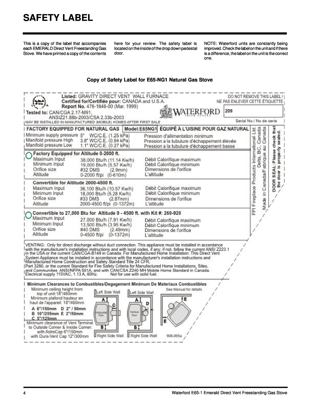 Waterford Appliances E65-LP1 installation manual Copy of Safety Label for E65-NG1Natural Gas Stove 