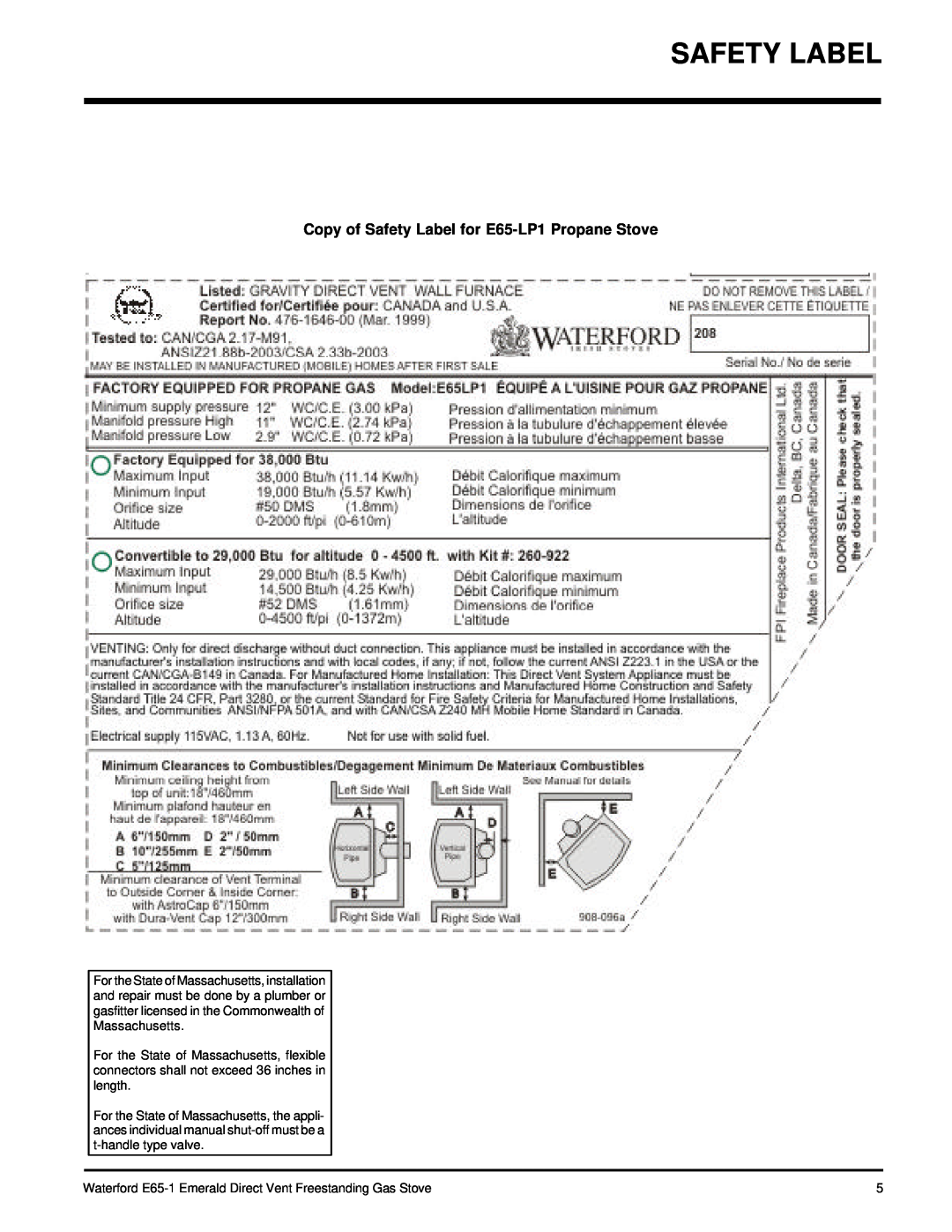 Waterford Appliances E65-NG1 installation manual Copy of Safety Label for E65-LP1Propane Stove 