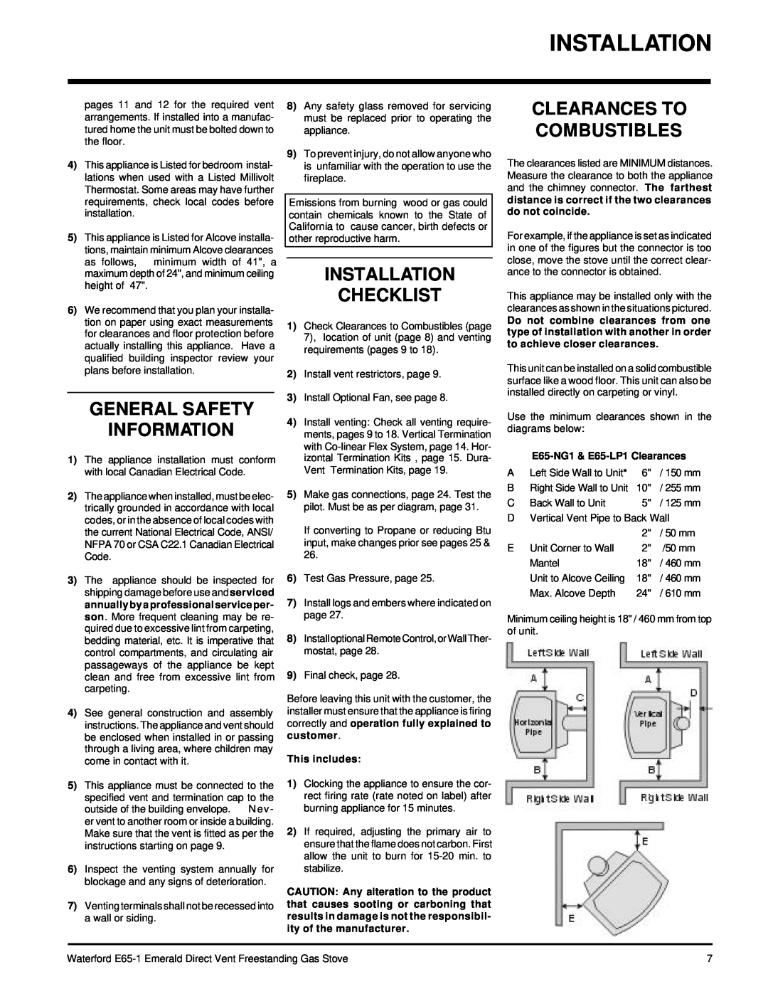 Waterford Appliances E65-LP1 General Safety Information, Installation Checklist, Clearances To Combustibles, This includes 