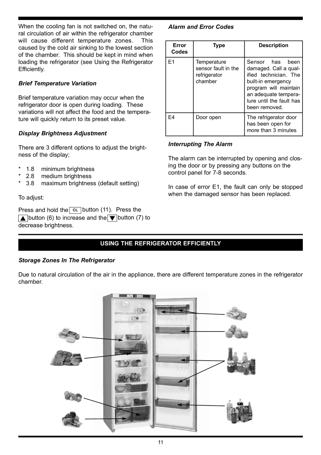 Waterford Appliances Free Standing Refrigerator manual Brief Temperature Variation, Display Brightness Adjustment 