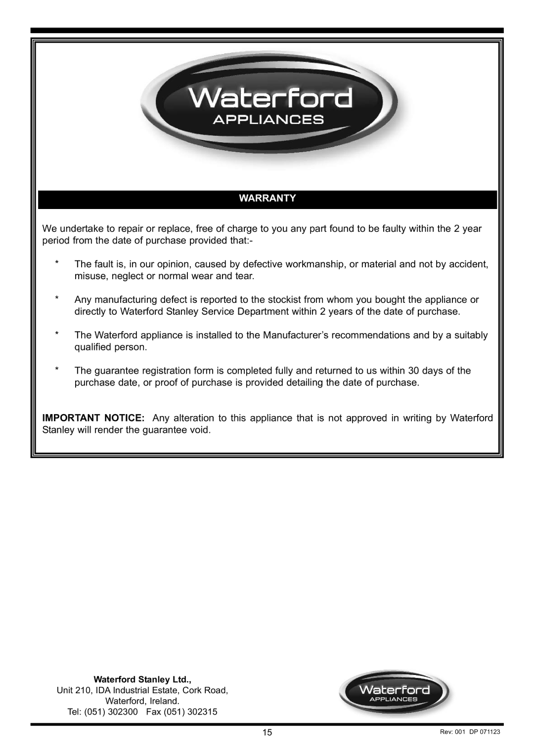 Waterford Appliances Free Standing Refrigerator manual Warranty 