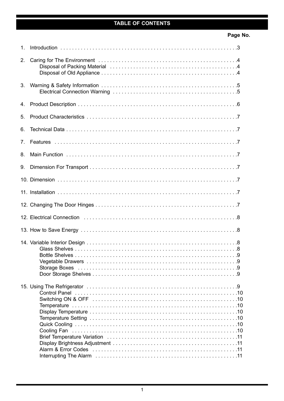 Waterford Appliances Free Standing Refrigerator manual Table of Contents 