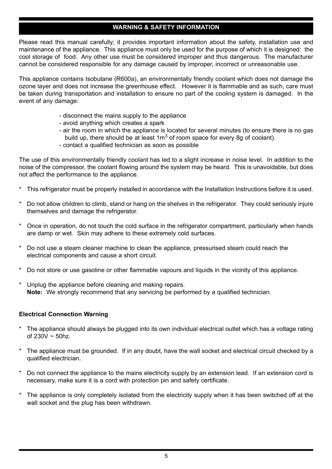 Waterford Appliances Free Standing Refrigerator manual Electrical Connection Warning 