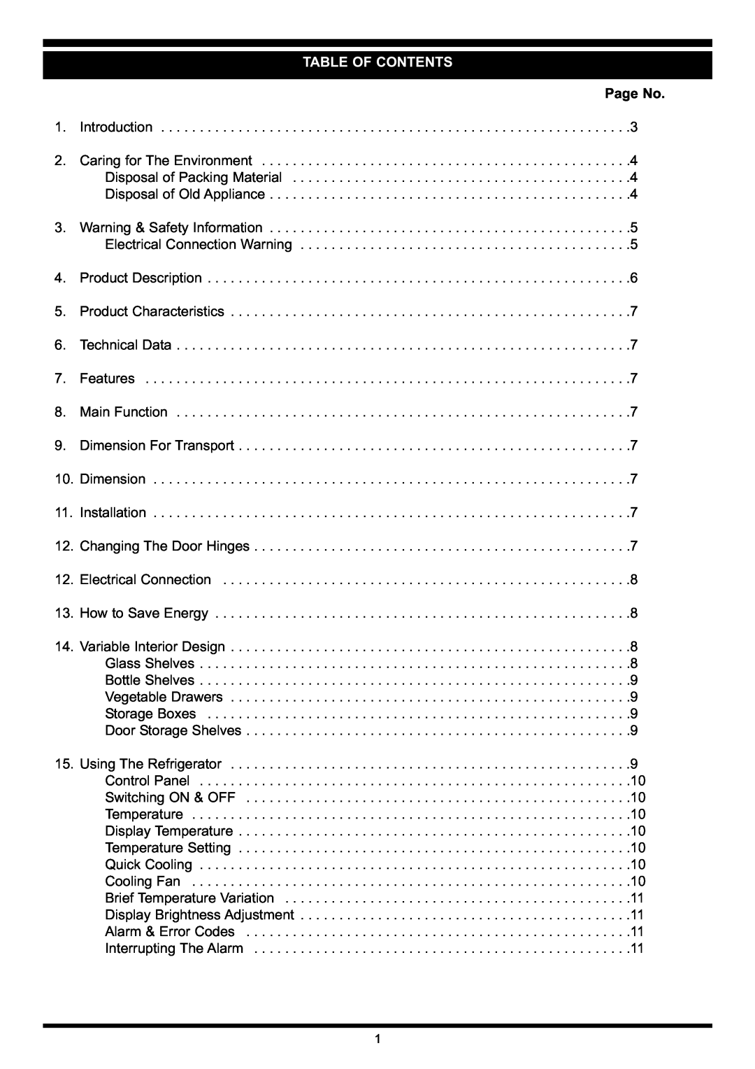Waterford Appliances Free Standing Refrigerator manual Table Of Contents, Page No 