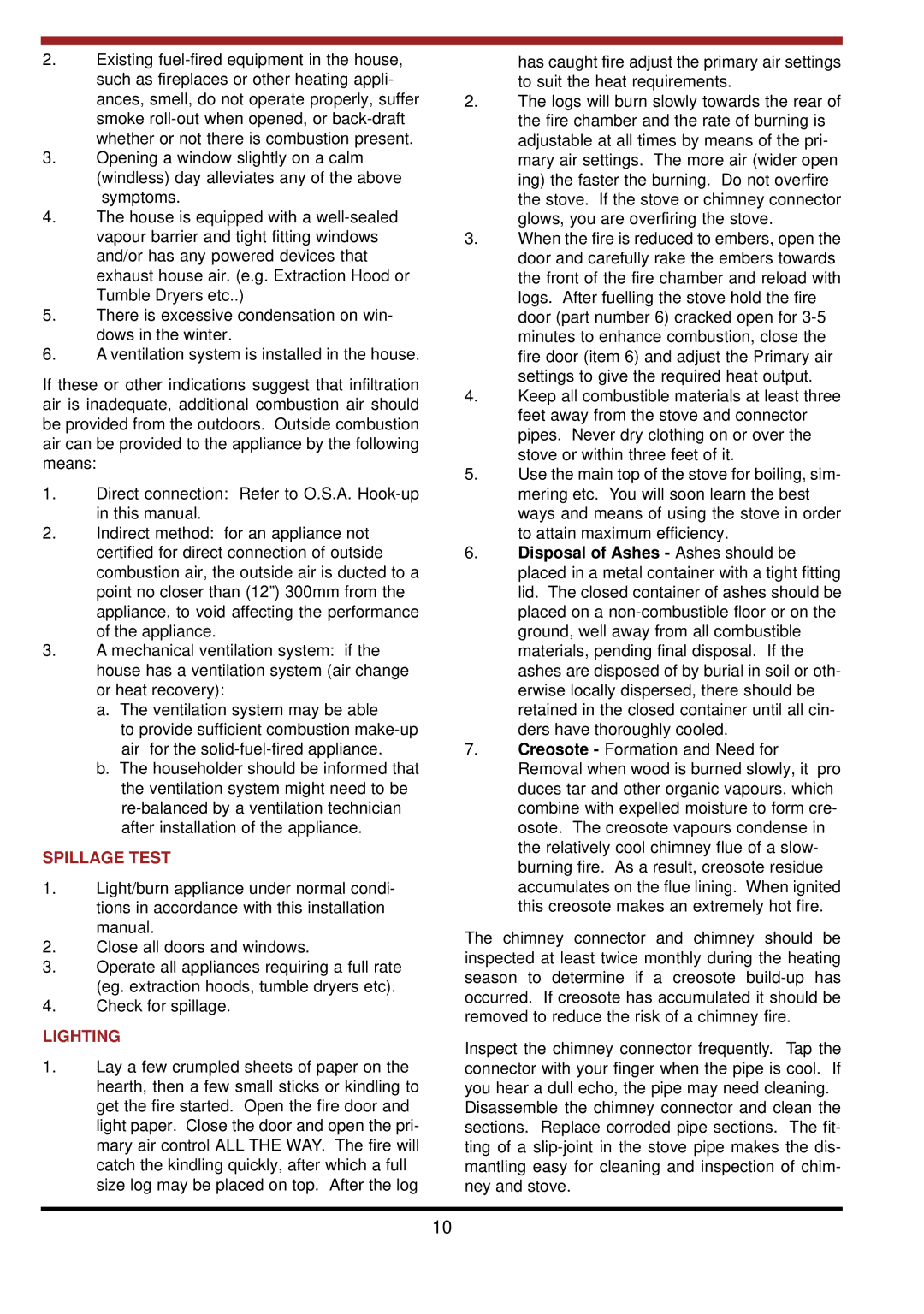 Waterford Appliances LEPRECHAUN 90 O.S.A operating instructions Spillage Test, Lighting 