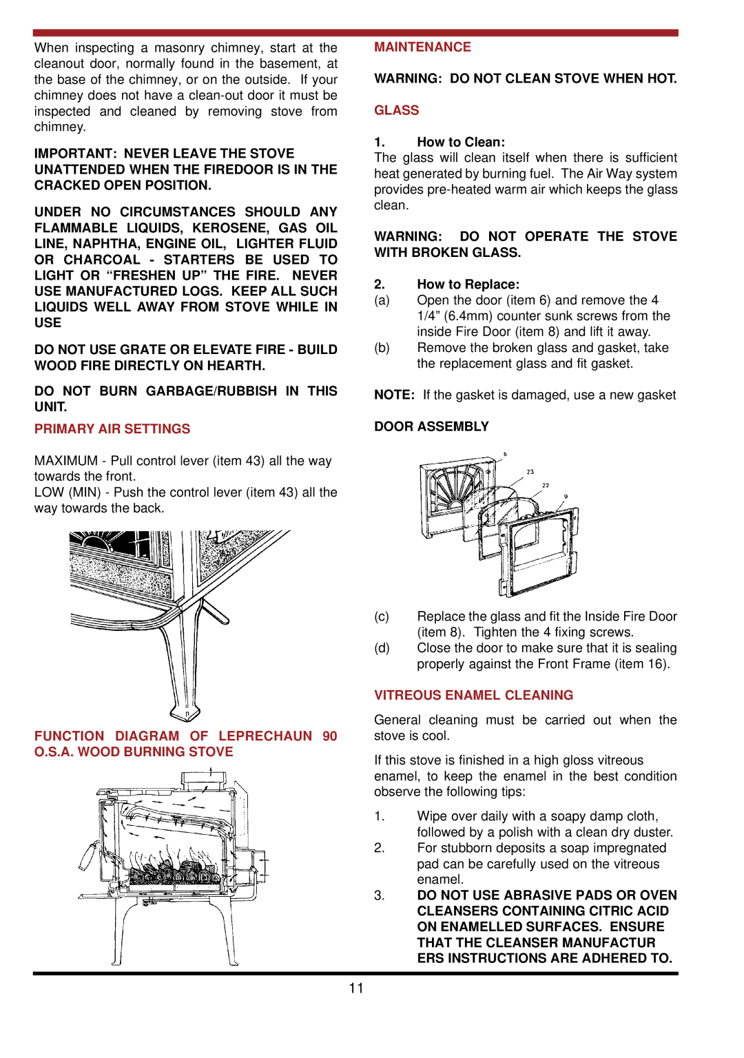 Waterford Appliances LEPRECHAUN 90 O.S.A Primary AIR Settings, How to Clean, How to Replace, Door Assembly 