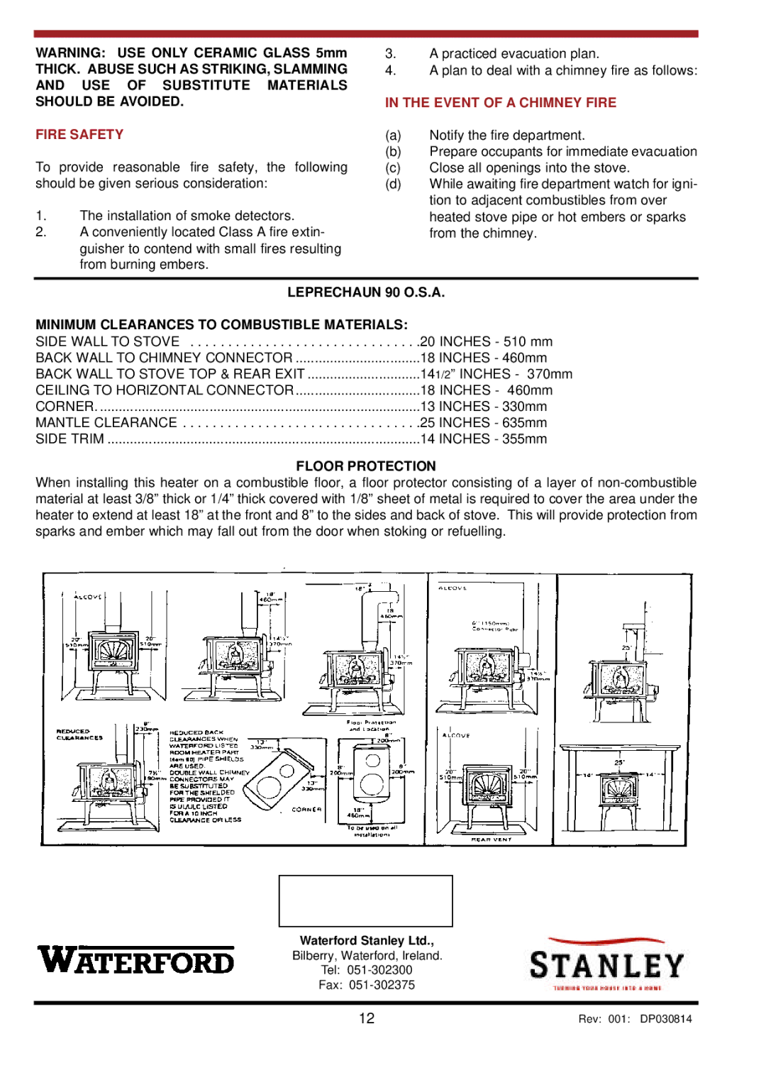 Waterford Appliances LEPRECHAUN 90 O.S.A operating instructions Fire Safety, Event of a Chimney Fire, Floor Protection 