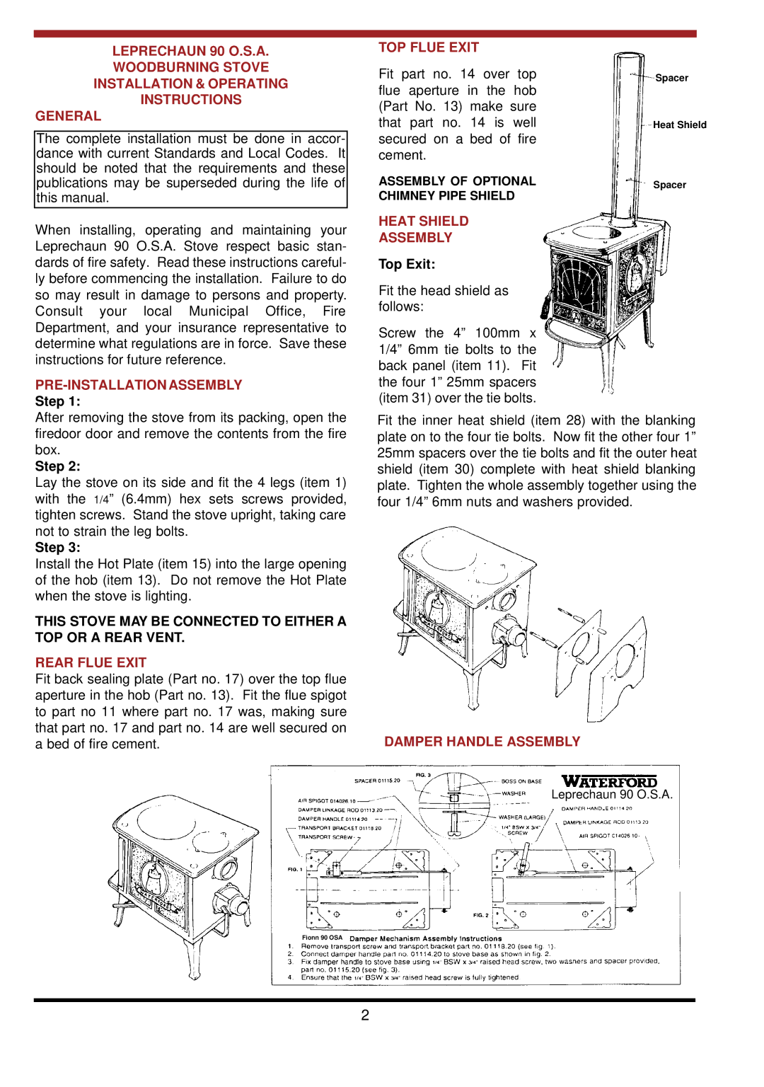 Waterford Appliances LEPRECHAUN 90 O.S.A PRE-INSTALLATION Assembly, TOP Flue Exit, Heat Shield Assembly, Rear Flue Exit 