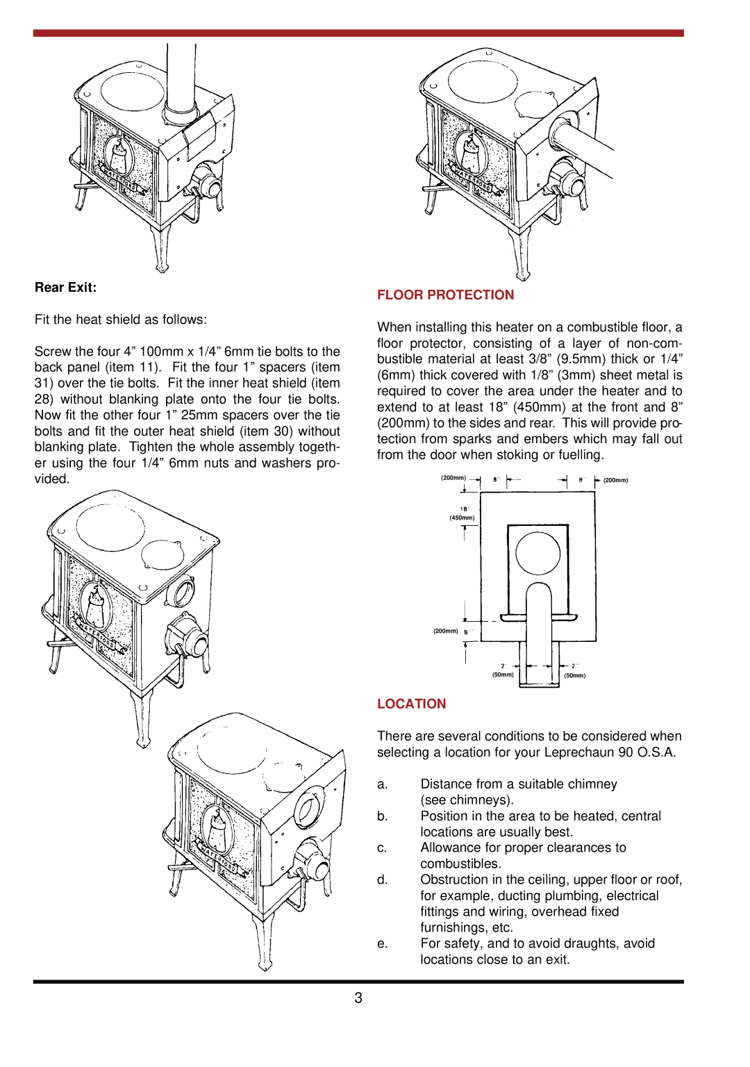 Waterford Appliances LEPRECHAUN 90 O.S.A Rear Exit, Fit the heat shield as follows, Floor Protection, Location 