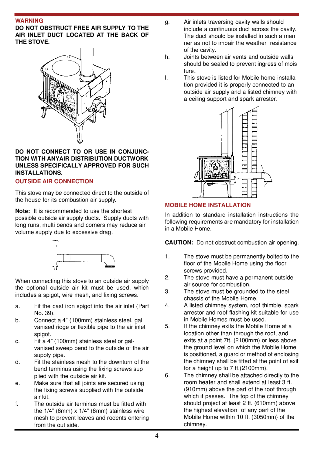 Waterford Appliances LEPRECHAUN 90 O.S.A operating instructions Outside AIR Connection, Mobile Home Installation 