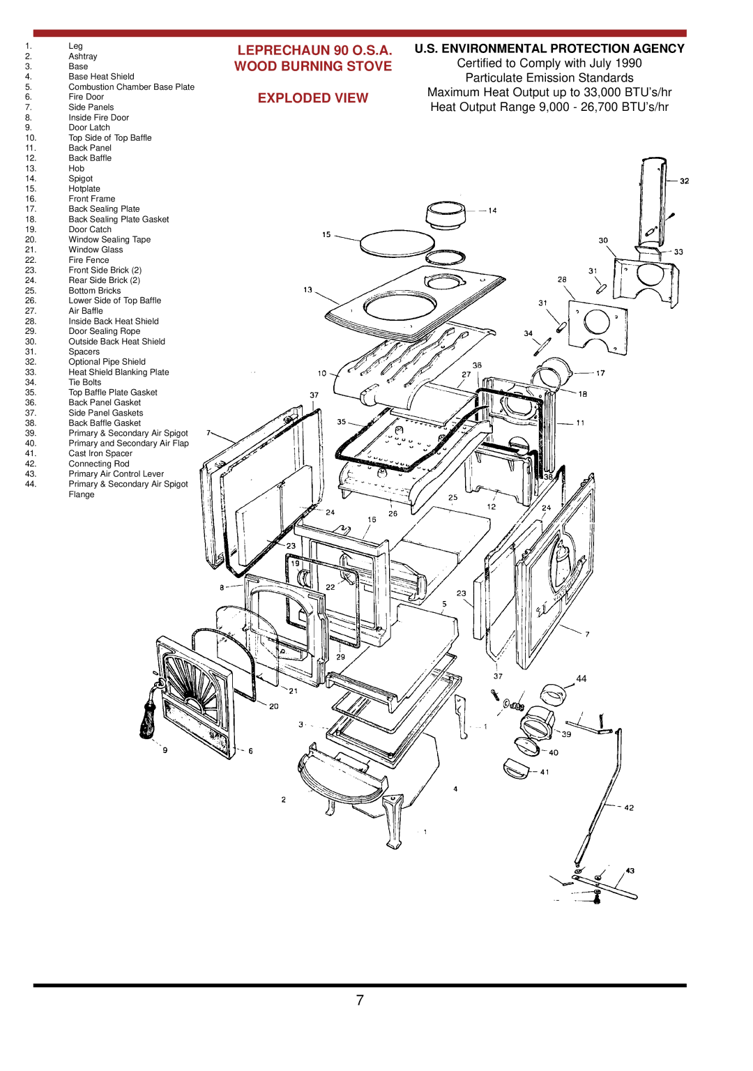 Waterford Appliances LEPRECHAUN 90 O.S.A operating instructions Leprechaun 90 O.S.A, Wood Burning Stove, Exploded View 