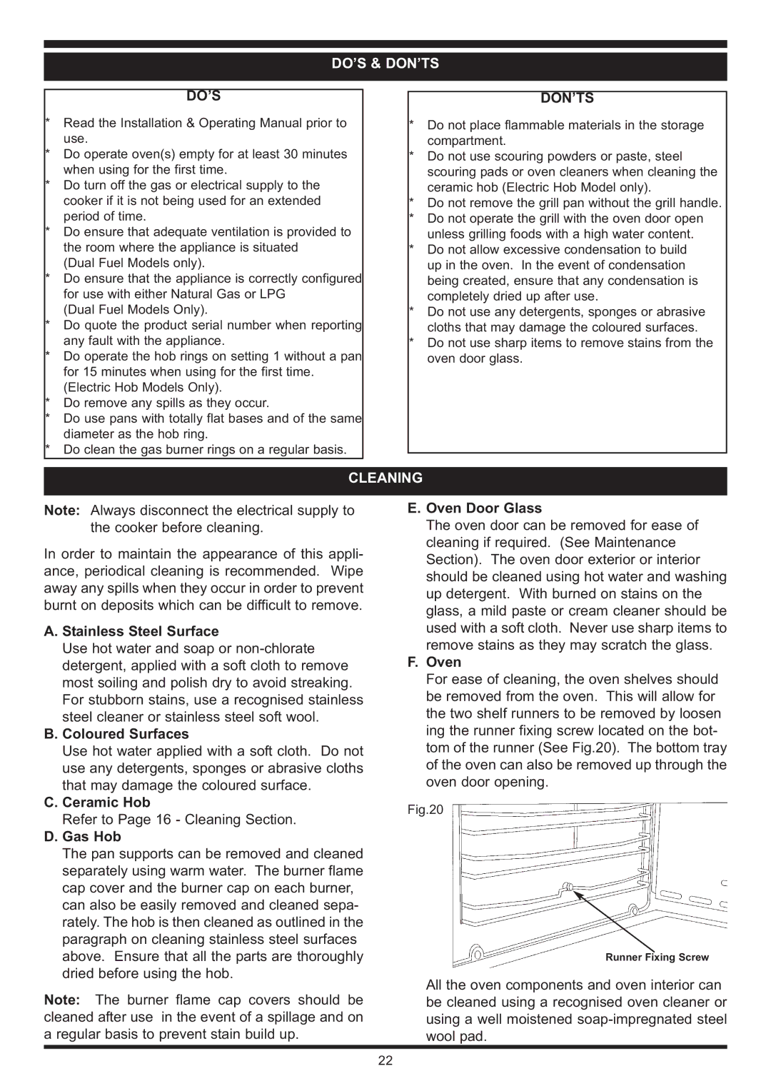 Waterford Appliances Stainless Stell Cooker manual Do’S & Don’Ts, Cleaning 