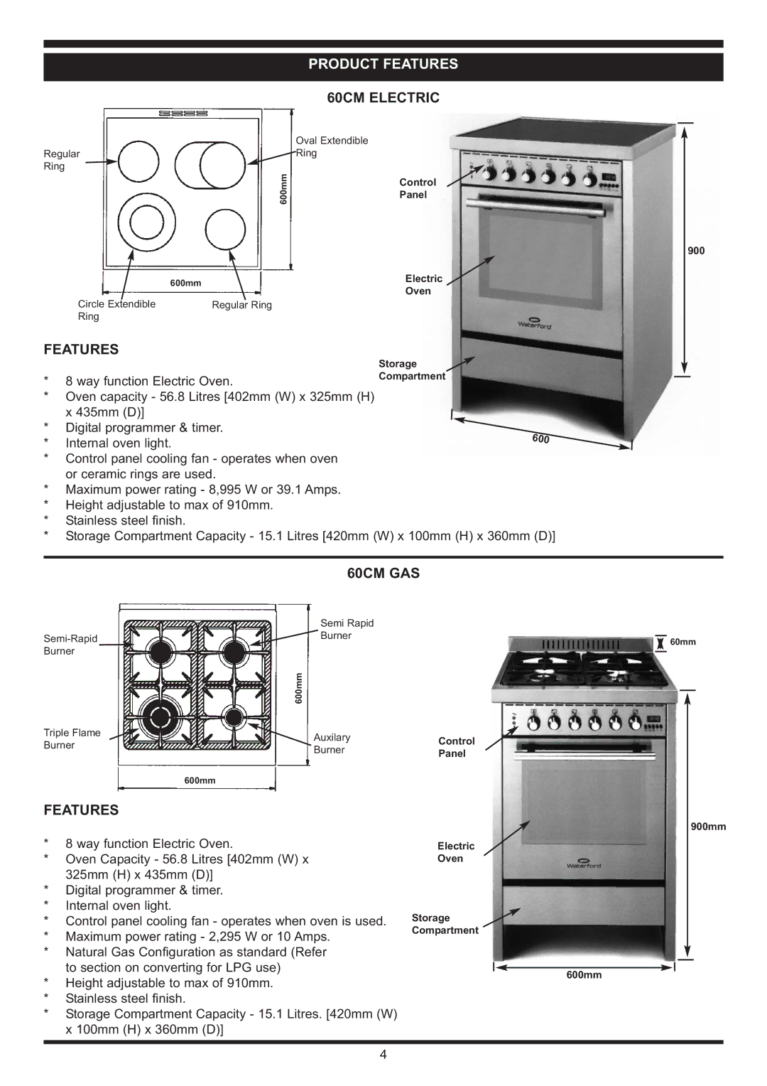 Waterford Appliances Stainless Stell Cooker manual Product Features, 60CM Electric, 60CM GAS, Way function Electric Oven 