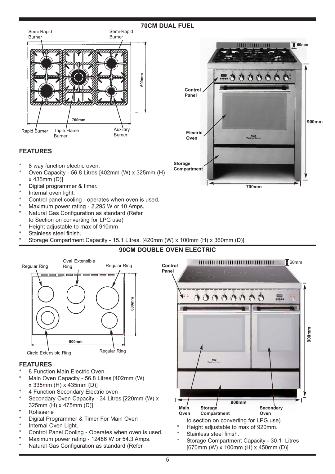 Waterford Appliances Stainless Stell Cooker manual 70CM Dual Fuel, 90CM Double Oven Electric, Digital programmer & timer 