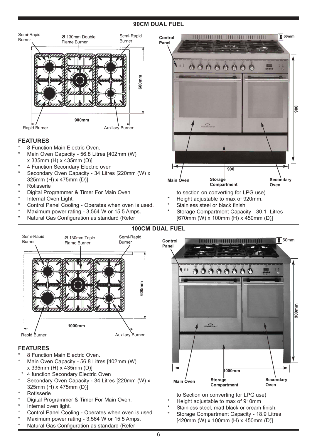 Waterford Appliances Stainless Stell Cooker manual 90CM Dual Fuel, 100CM Dual Fuel 