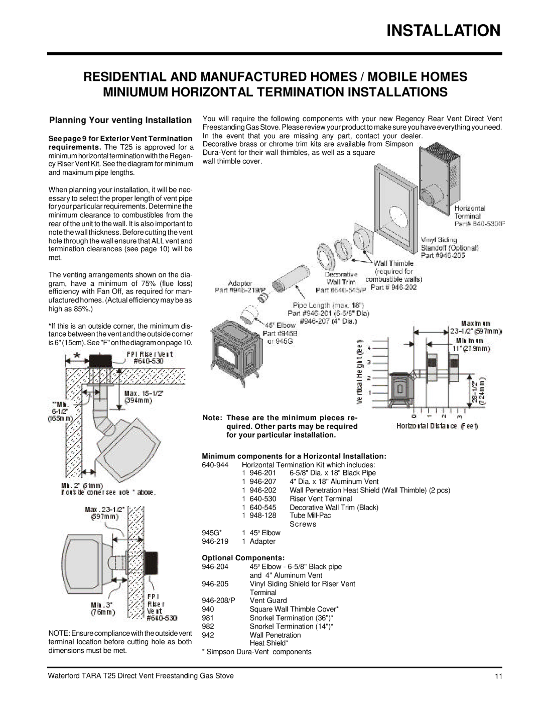 Waterford Appliances T25-LP Planning Your venting Installation, Quired. Other parts may be required, Optional Components 