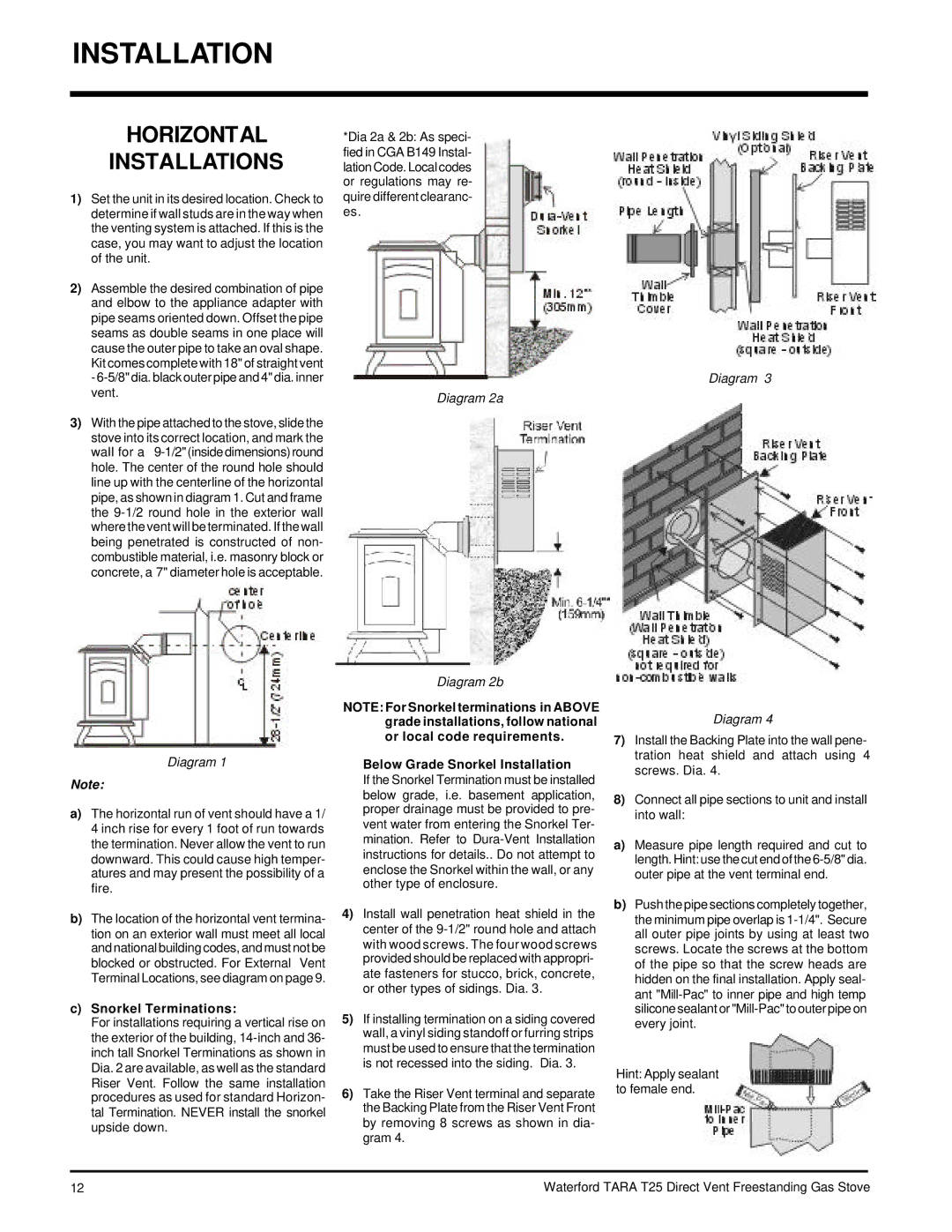 Waterford Appliances T25-NG, T25-LP Horizontal Installations, Snorkel Terminations, Below Grade Snorkel Installation 