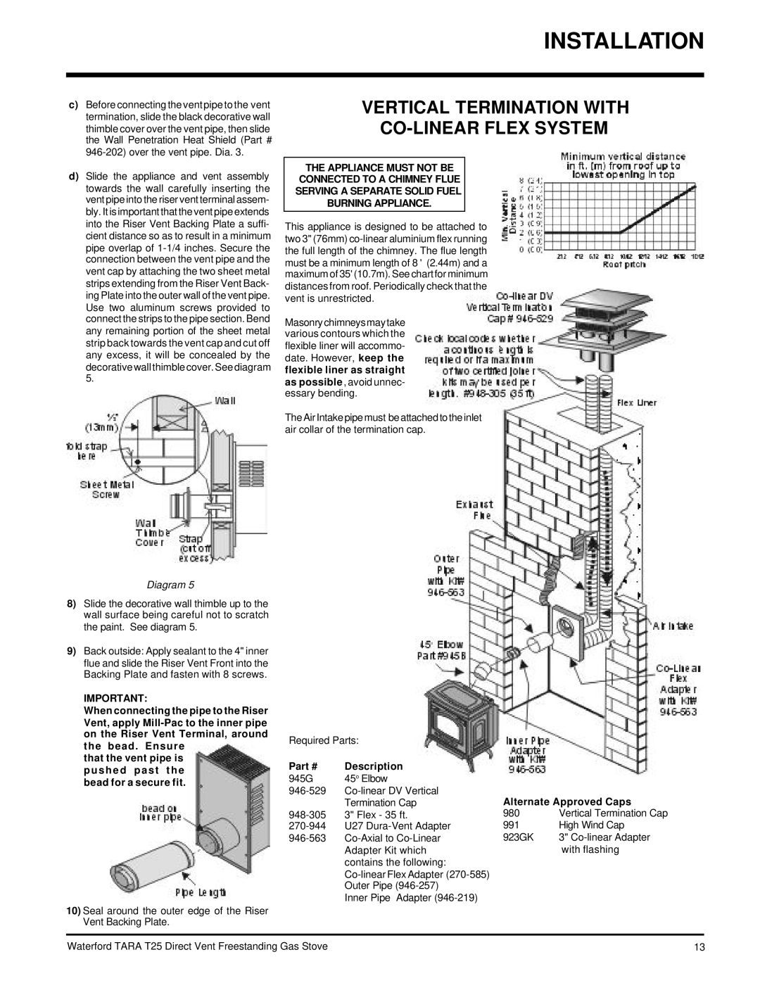 Waterford Appliances T25-LP, T25-NG Vertical Termination with CO-LINEAR Flex System, Description, Alternate Approved Caps 