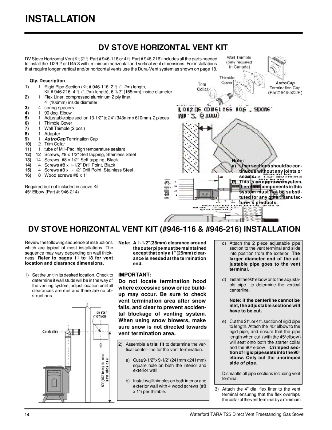 Waterford Appliances T25-NG, T25-LP installation manual DV Stove Horizontal Vent KIT, Qty. Description 