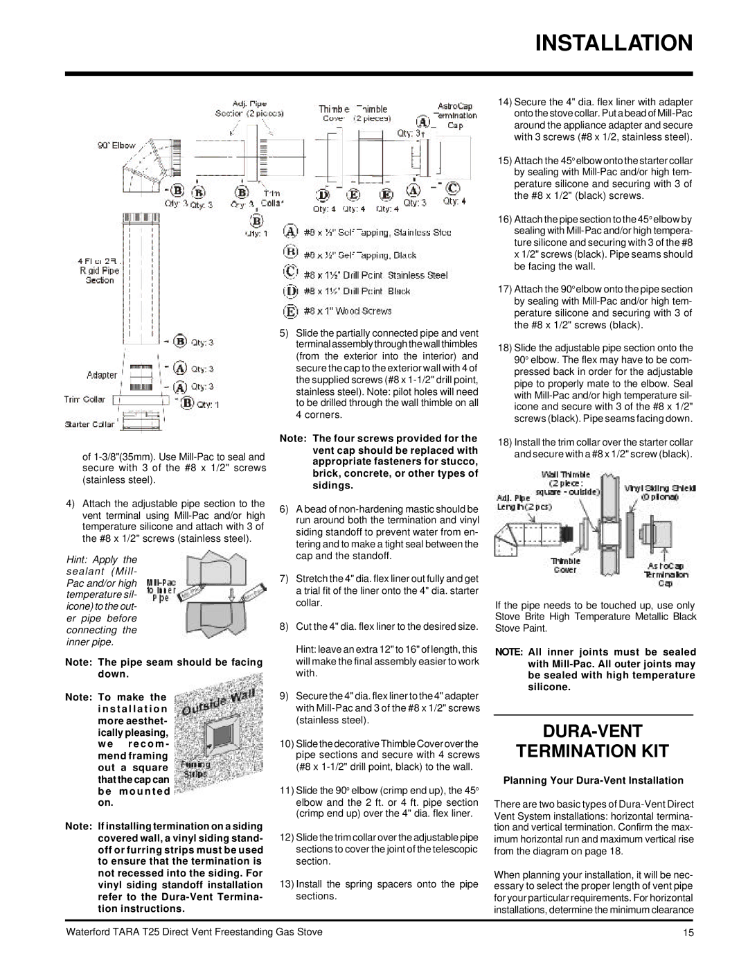 Waterford Appliances T25-LP, T25-NG installation manual DURA-VENT Termination KIT, Planning Your Dura-Vent Installation 