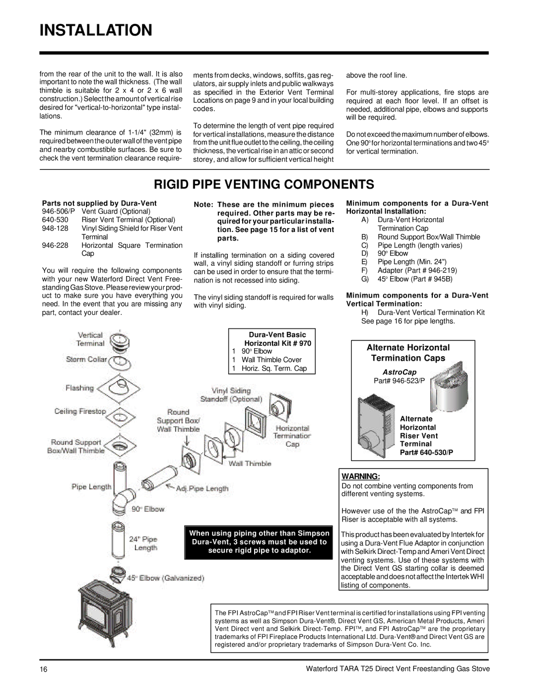 Waterford Appliances T25-NG, T25-LP installation manual Rigid Pipe Venting Components, Alternate Horizontal Termination Caps 