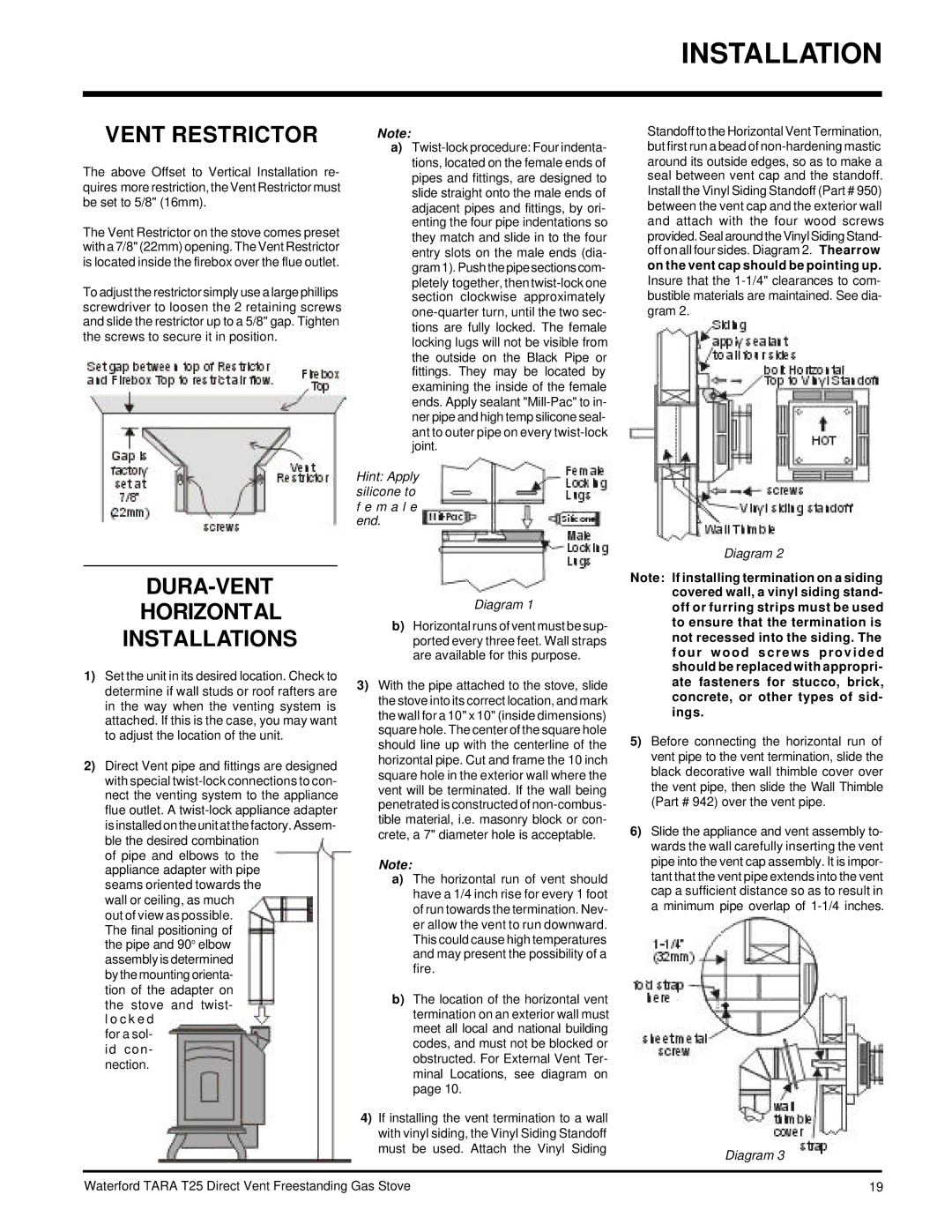 Waterford Appliances T25-LP, T25-NG installation manual Vent Restrictor, DURA-VENT Horizontal Installations 