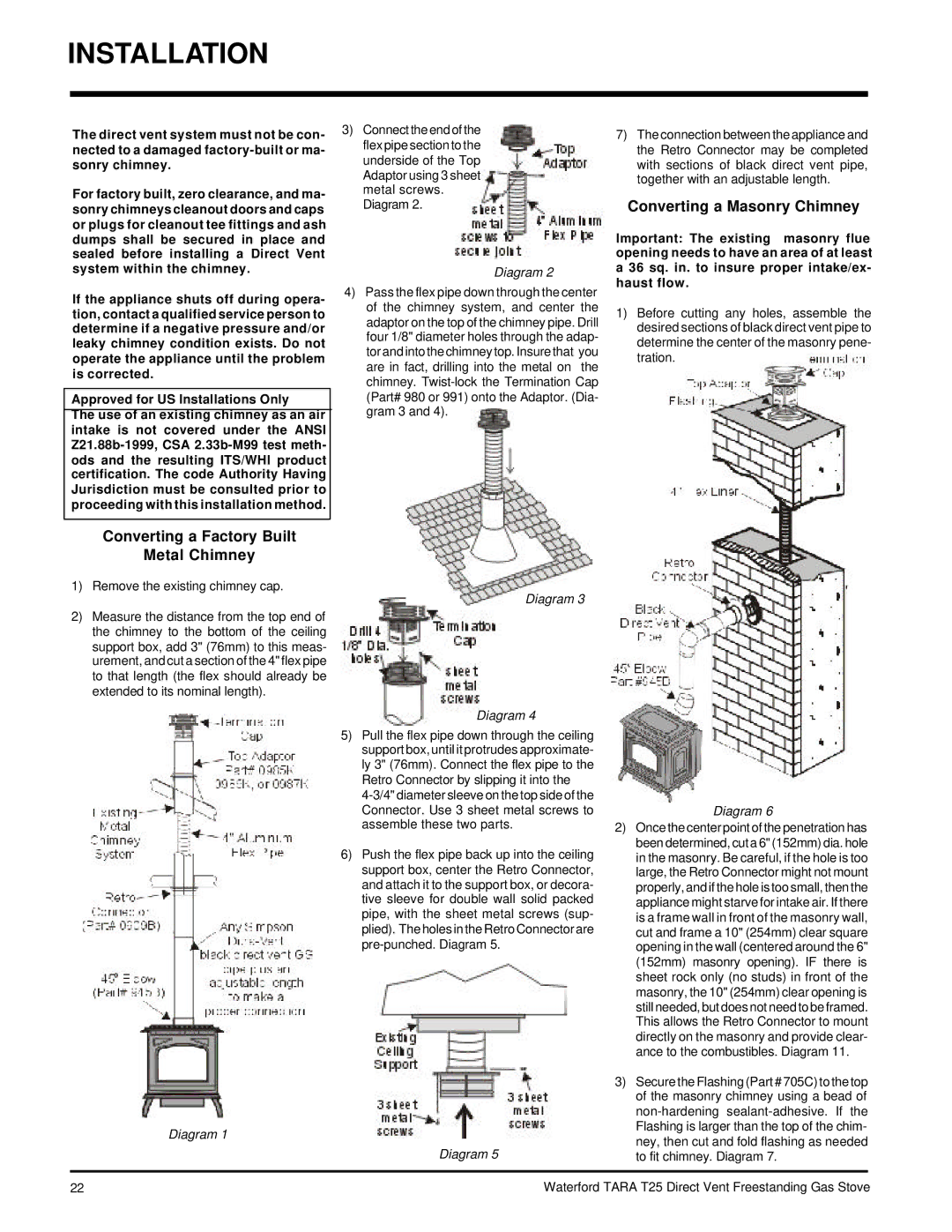 Waterford Appliances T25-NG, T25-LP Converting a Masonry Chimney, Converting a Factory Built Metal Chimney 