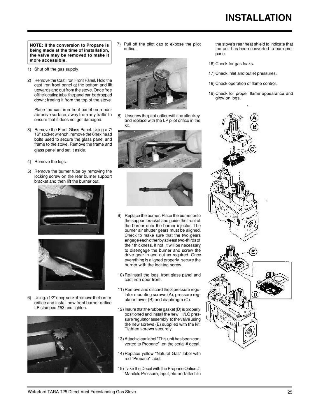 Waterford Appliances T25-LP, T25-NG installation manual Replace yellow Natural Gas label with red Propane label 