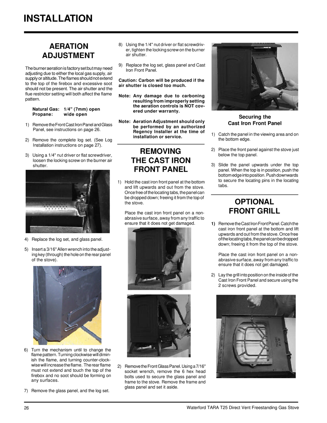 Waterford Appliances T25-NG, T25-LP Aeration Adjustment, Removing Cast Iron Front Panel, Optional Front Grill 