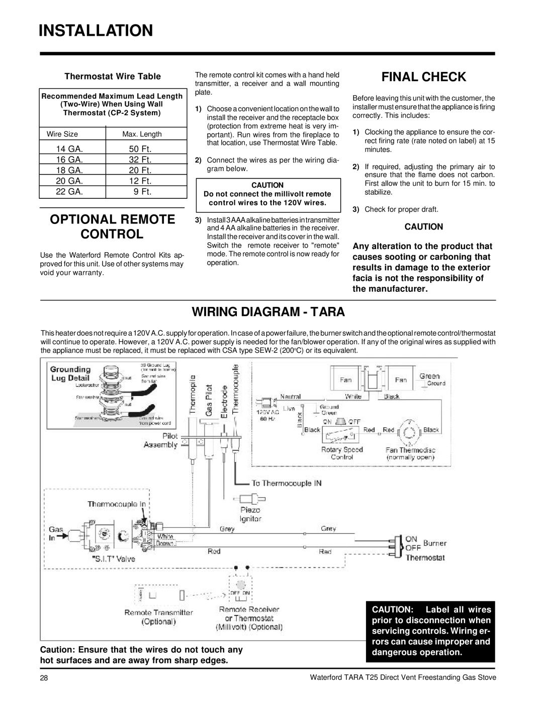 Waterford Appliances T25-NG, T25-LP Optional Remote Control, Final Check, Wiring Diagram Tara, Thermostat Wire Table 