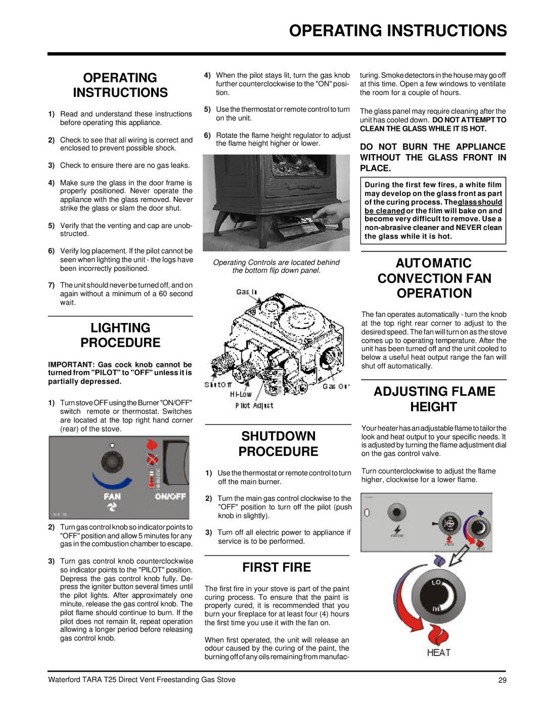 Waterford Appliances T25-LP, T25-NG installation manual Operating Instructions 