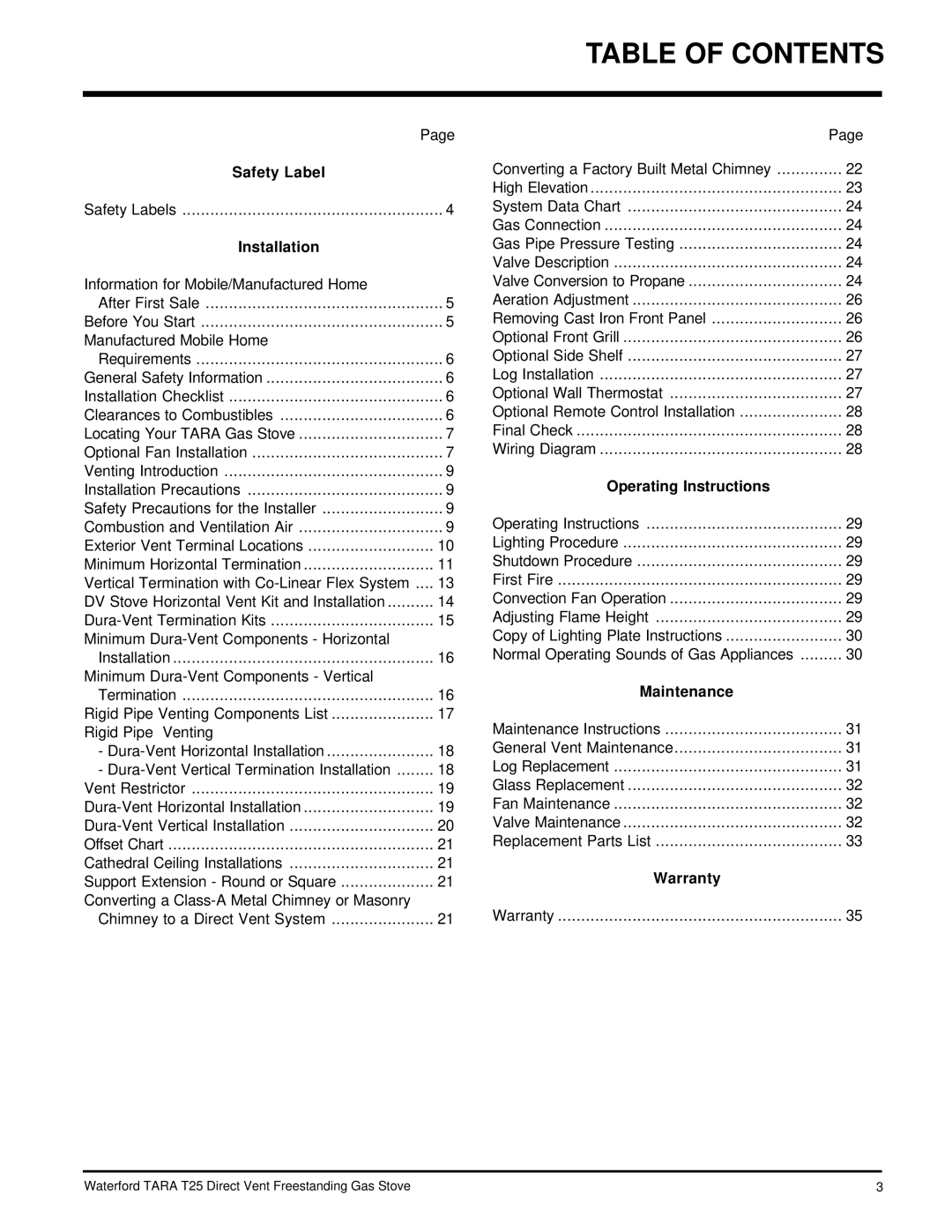 Waterford Appliances T25-LP, T25-NG installation manual Table of Contents 