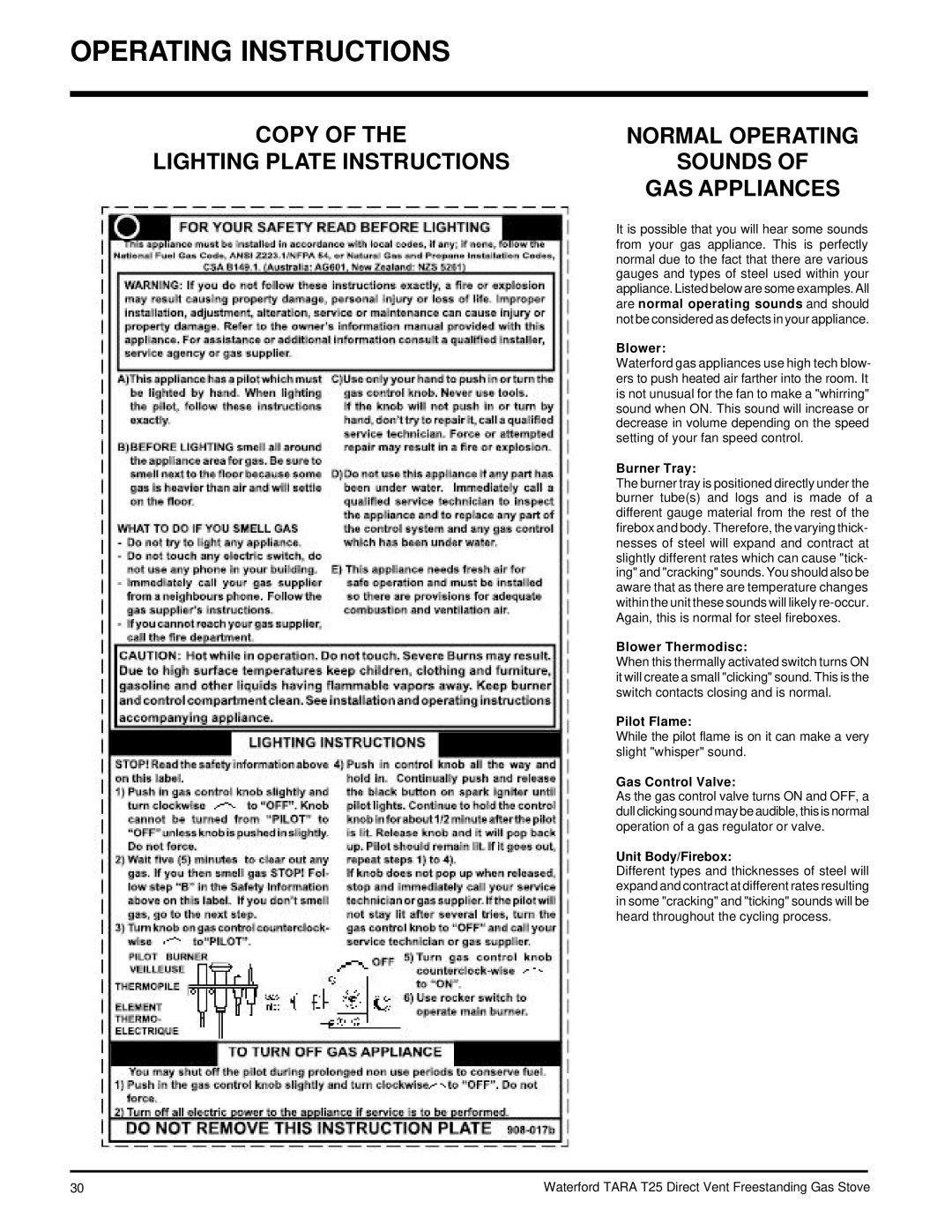 Waterford Appliances T25-NG, T25-LP installation manual Sounds 