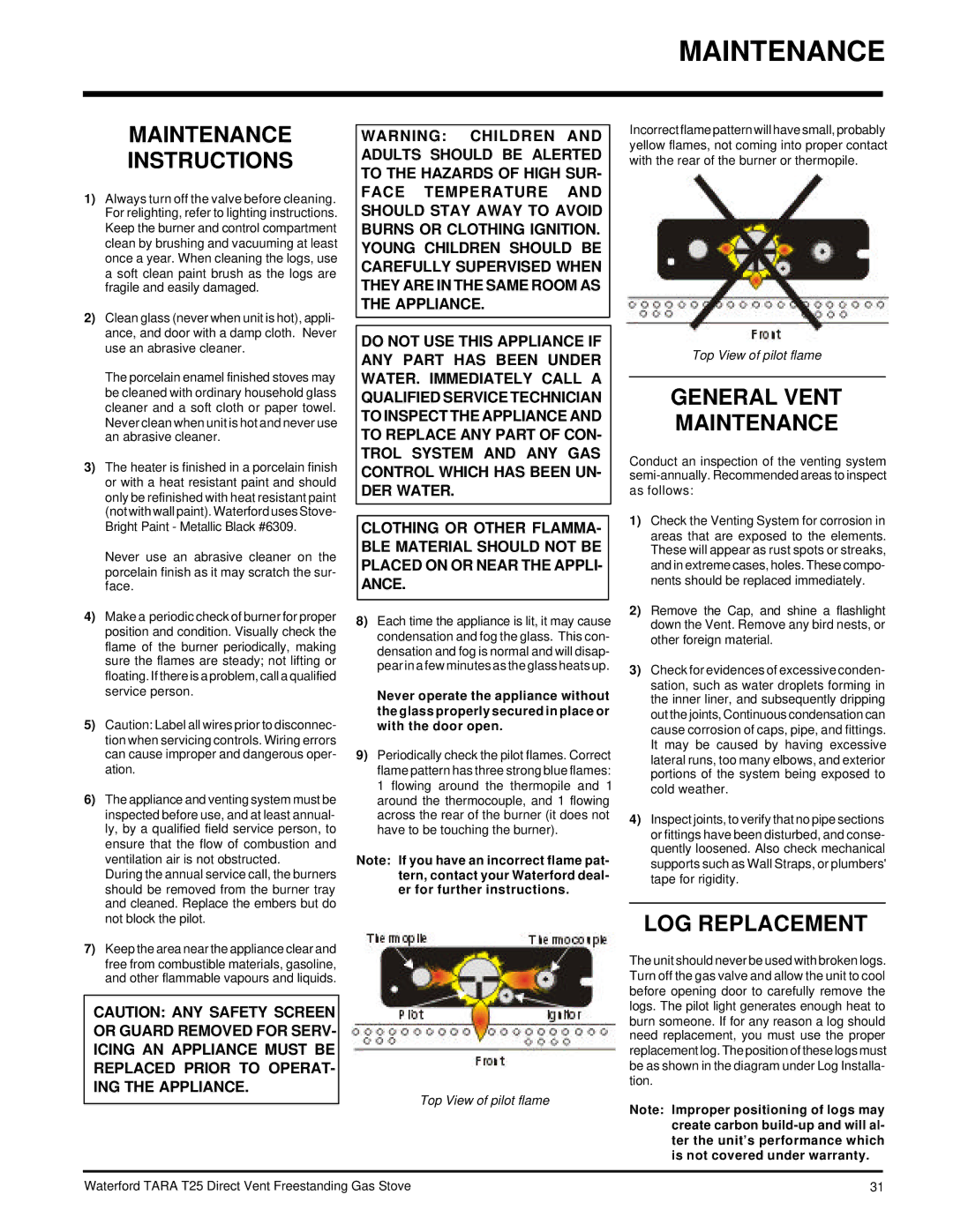 Waterford Appliances T25-LP, T25-NG Maintenance Instructions, General Vent Maintenance, LOG Replacement 