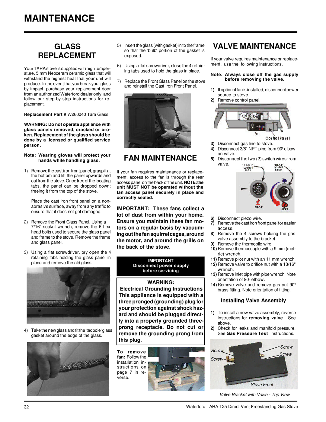 Waterford Appliances T25-NG, T25-LP Glass Replacement, FAN Maintenance, Valve Maintenance, Installing Valve Assembly 