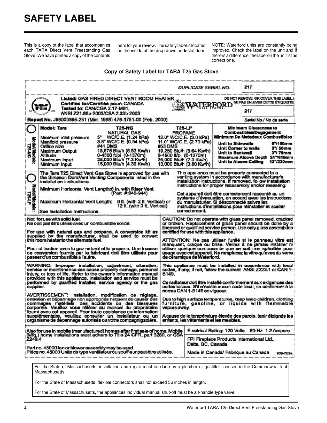 Waterford Appliances T25-NG, T25-LP installation manual Copy of Safety Label for Tara T25 Gas Stove 