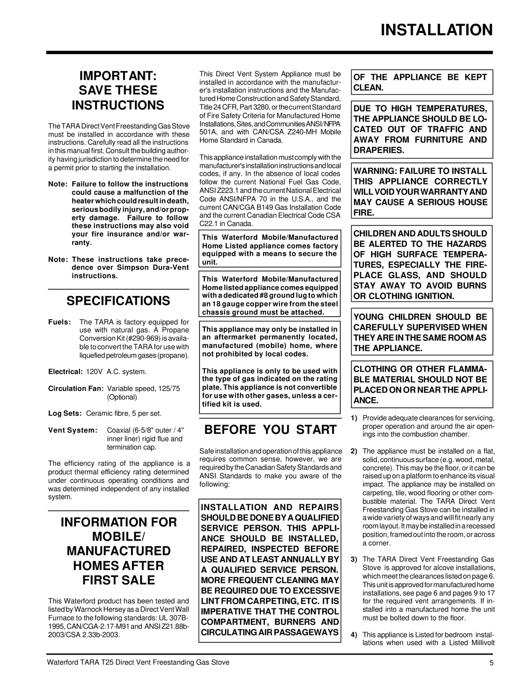 Waterford Appliances T25-LP, T25-NG Installation, Save These Instructions, Specifications, Before YOU Start 