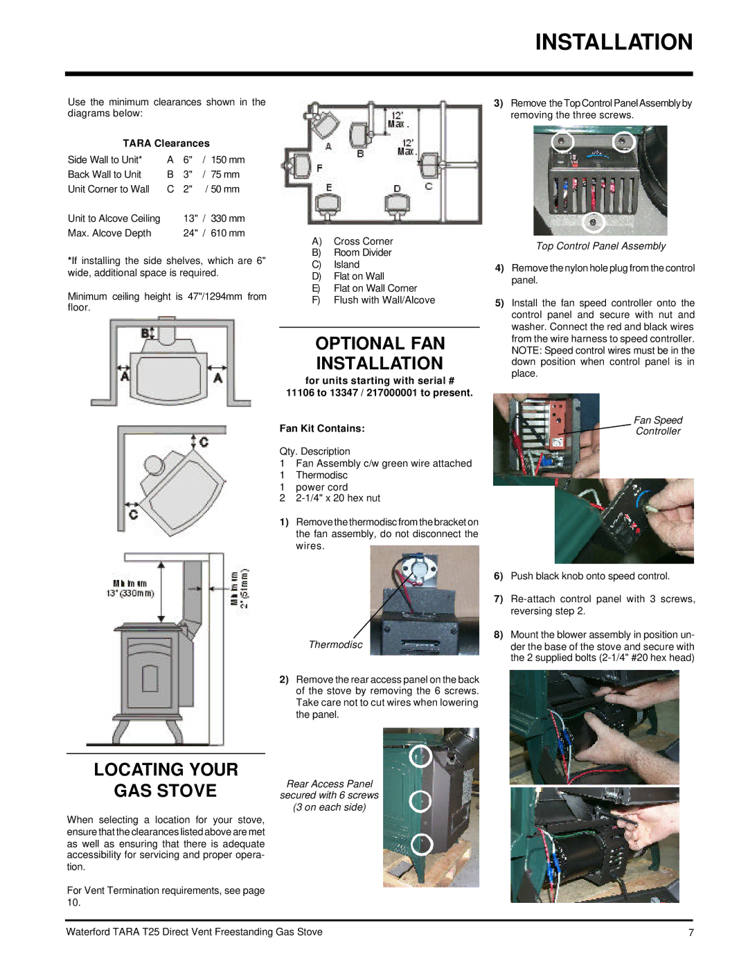 Waterford Appliances T25-LP, T25-NG installation manual Optional FAN Installation, Locating Your GAS Stove, Tara Clearances 